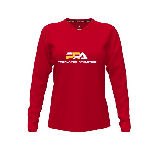 [FTLVPTRD-FYXS-LOGO2] Decker Performance T-Shirt (Female Youth XS, Red, V Neck, Logo 2, Long Sleeve)